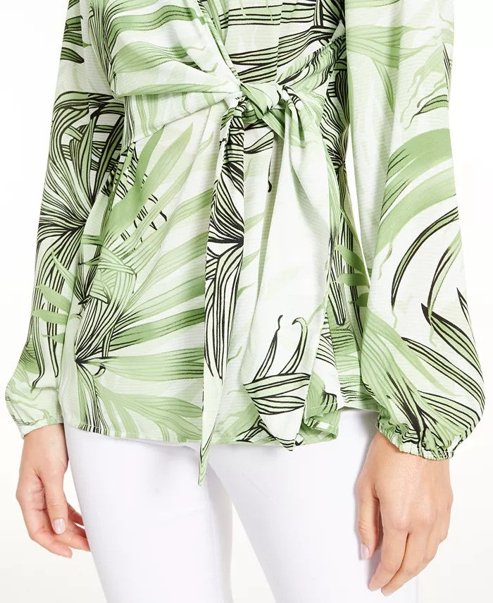 Blusa feminina Alfani Petite com estampa de manga sino, verde, tamanho pequeno