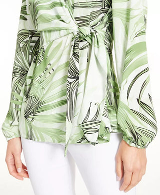 Blusa feminina Alfani Petite com estampa de manga sino, verde, tamanho pequeno