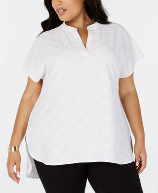 Blusa texturizada com decote dividido Alfani feminina, branca, tamanho 1X
