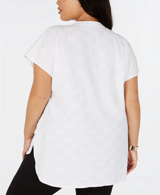 Blusa texturizada com decote dividido Alfani feminina, branca, tamanho 1X