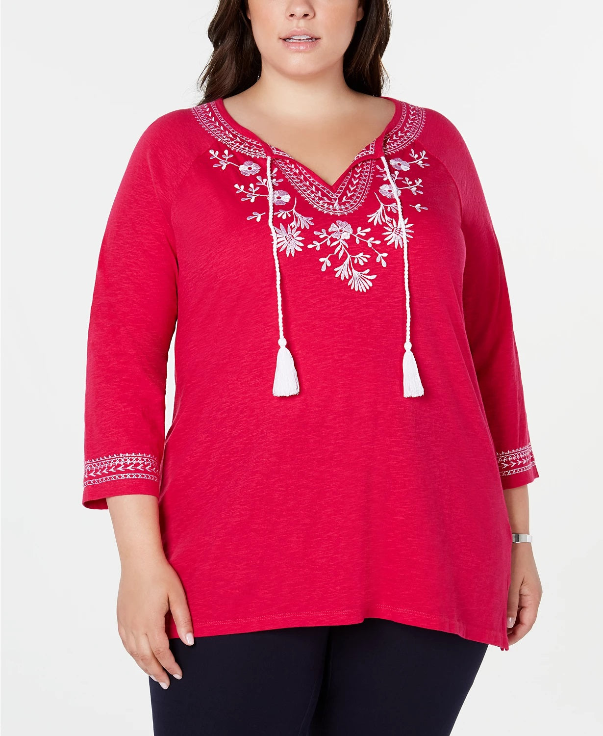 Camisa feminina plus size de algodão bordado estilo camponês Charter Club, rosa escuro, tamanho 2X