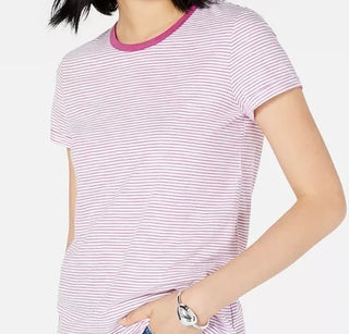 Camiseta feminina Maison Jules com decote redondo e manga curta, roxa escura, tamanho P