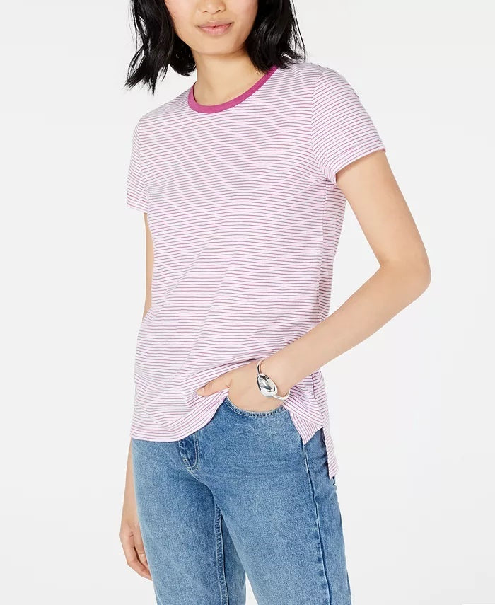 Camiseta feminina Maison Jules com decote redondo e manga curta, roxa escura, tamanho P