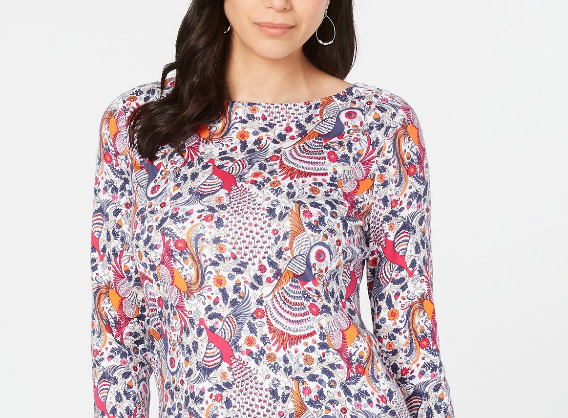 Charter Club Blusa feminina de algodão pima com estampa de gola canoa, branca, tamanho pequeno