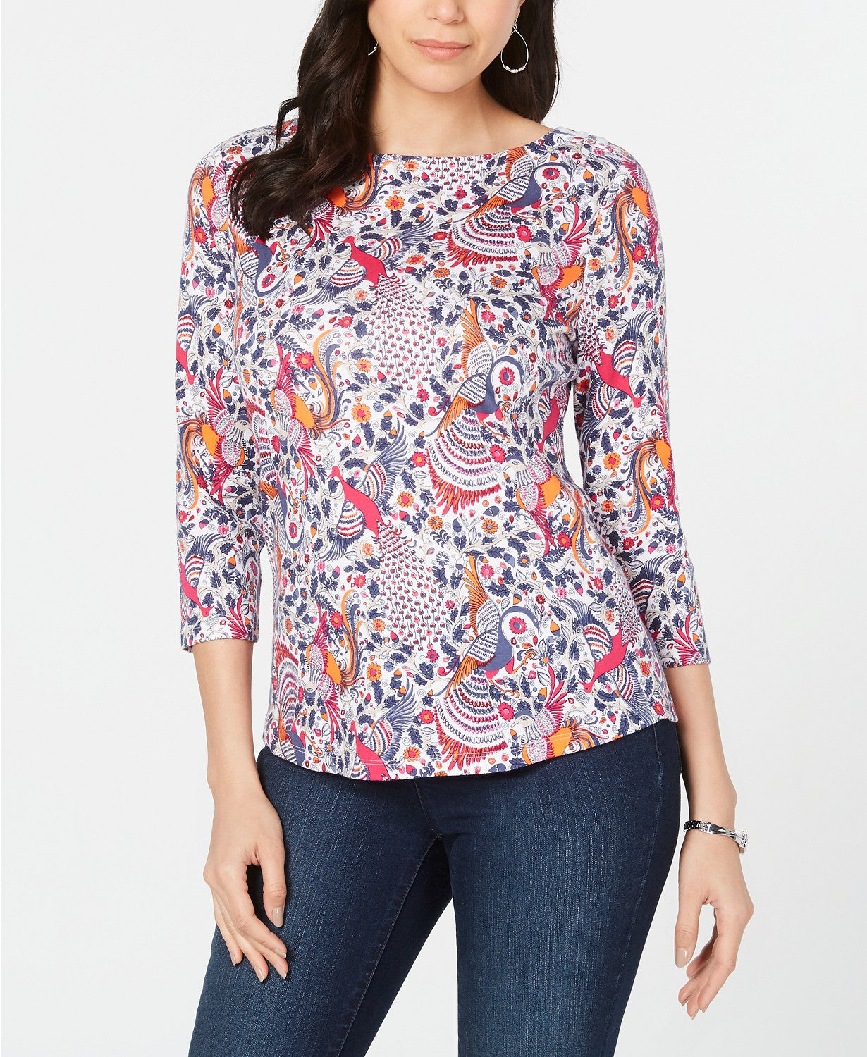 Charter Club Blusa feminina de algodão pima com estampa de gola canoa, branca, tamanho extra grande