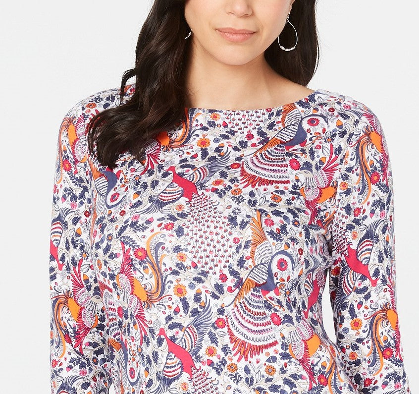 Charter Club Blusa feminina de algodão pima com estampa de gola canoa, branca, tamanho extra grande