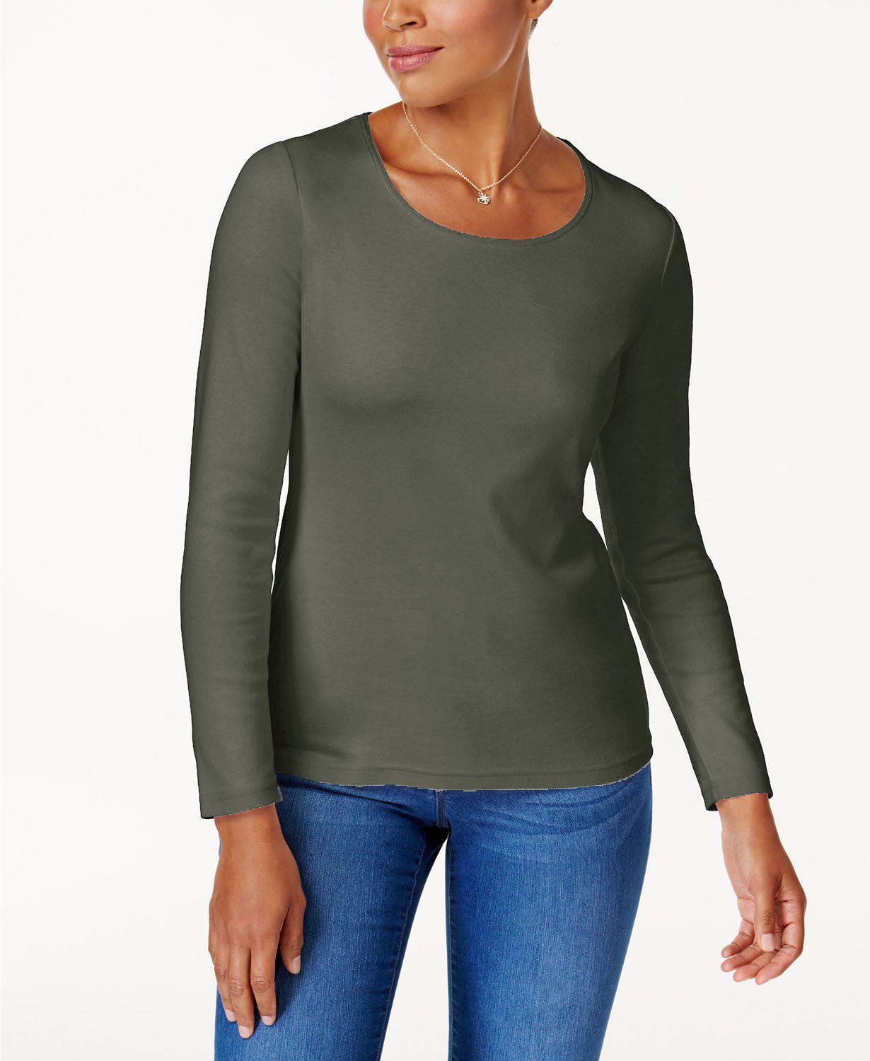Karen Scott Blusa de algodão feminina com decote redondo, verde, tamanho pequeno, extra grande