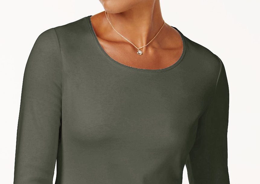 Karen Scott Blusa de algodão feminina com decote redondo, verde, tamanho pequeno, extra grande