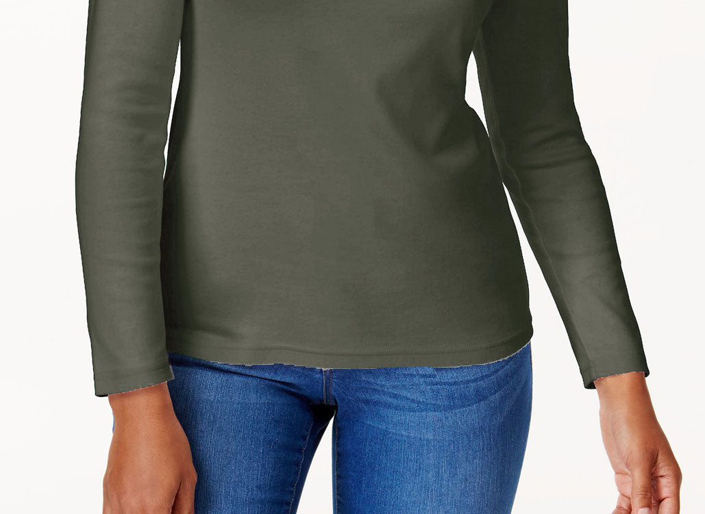 Karen Scott Blusa de algodão feminina com decote redondo, verde, tamanho pequeno, extra grande