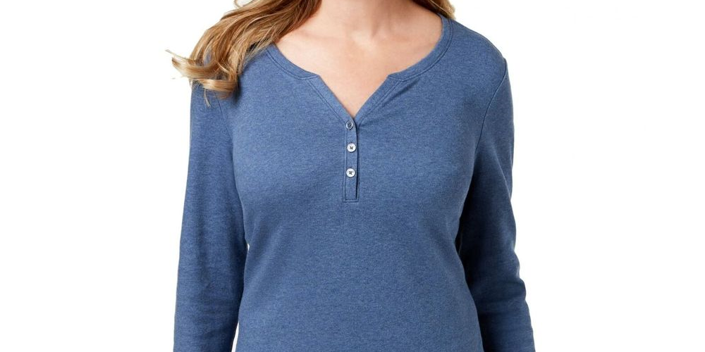 Karen Scott Top Henley de Algodão Feminino Azul Tamanho P