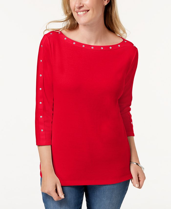 Karen Scott Blusa feminina de algodão com decote canoa e tachas, vermelha, tamanho grande