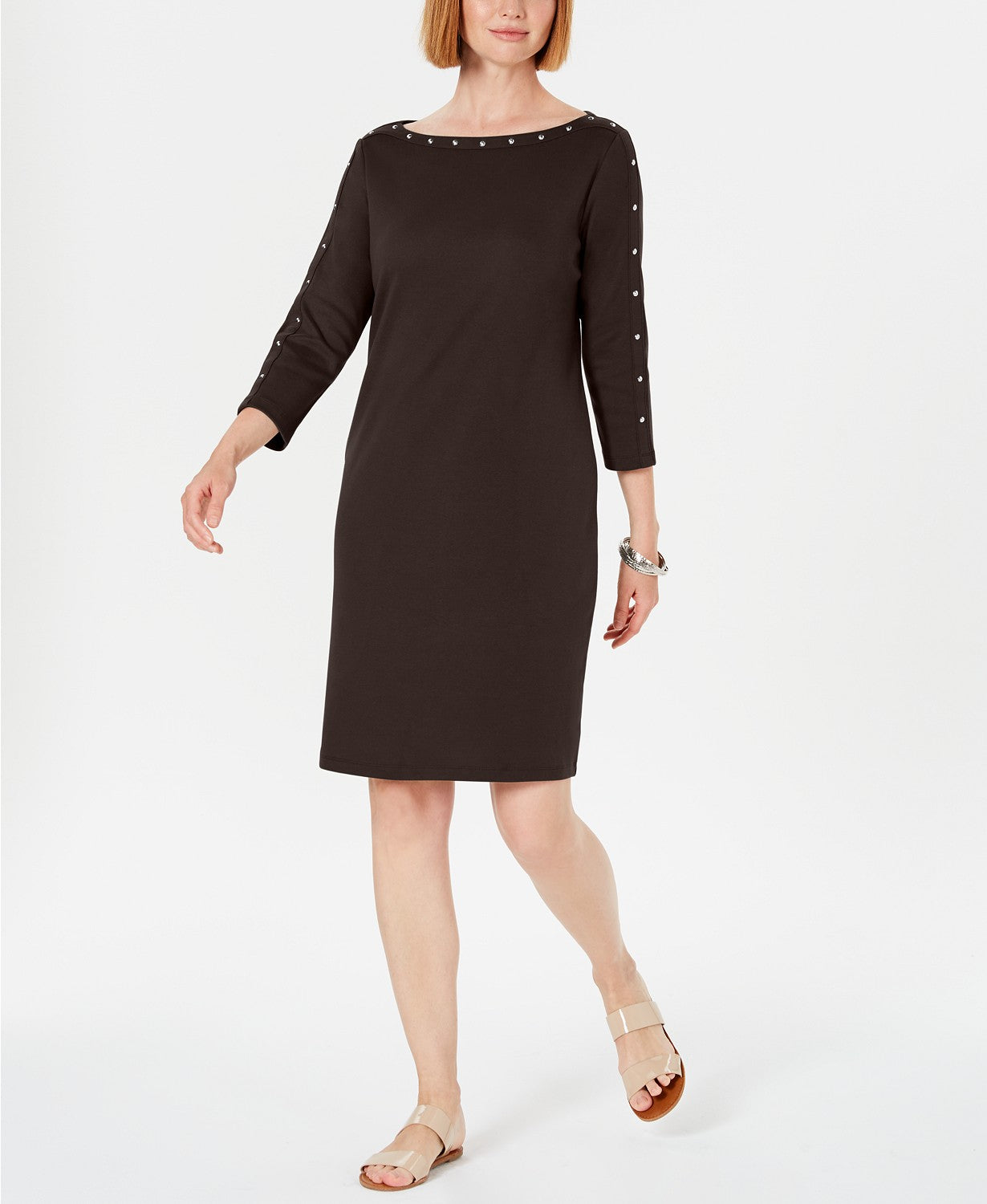 Vestido feminino Karen Scott Petite com decote canoa e tachas, marrom, tamanho Petit