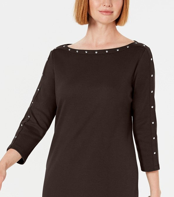 Vestido feminino Karen Scott Petite com decote canoa e tachas, marrom, tamanho Petit