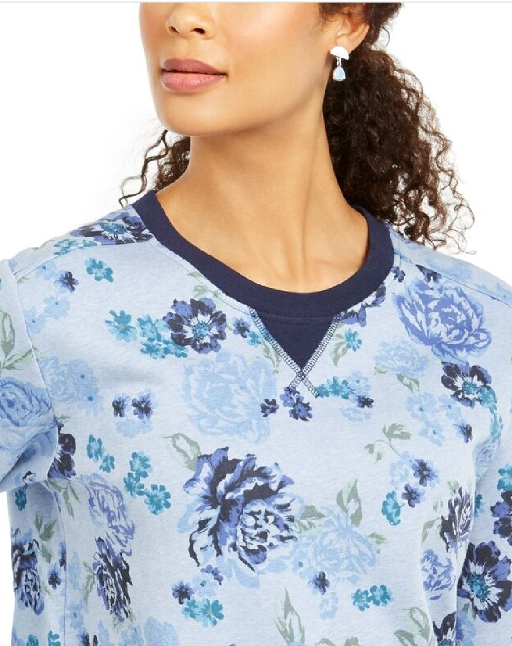 Karen Scott Moletom Feminino de Lã com Estampa Floral Azul Tamanho Médio