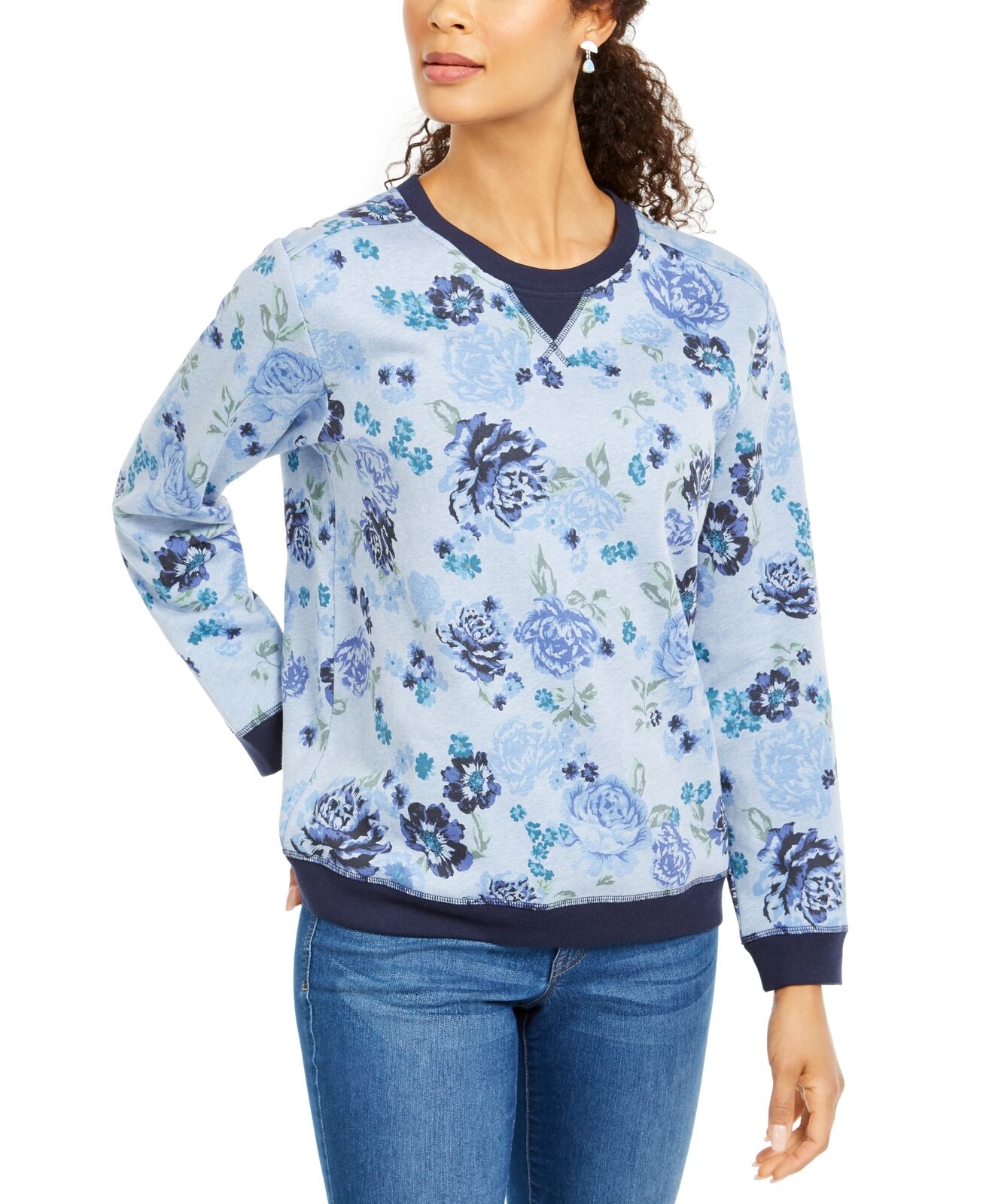 Moletom feminino Karen Scott com estampa floral e lã, azul, tamanho extragrande