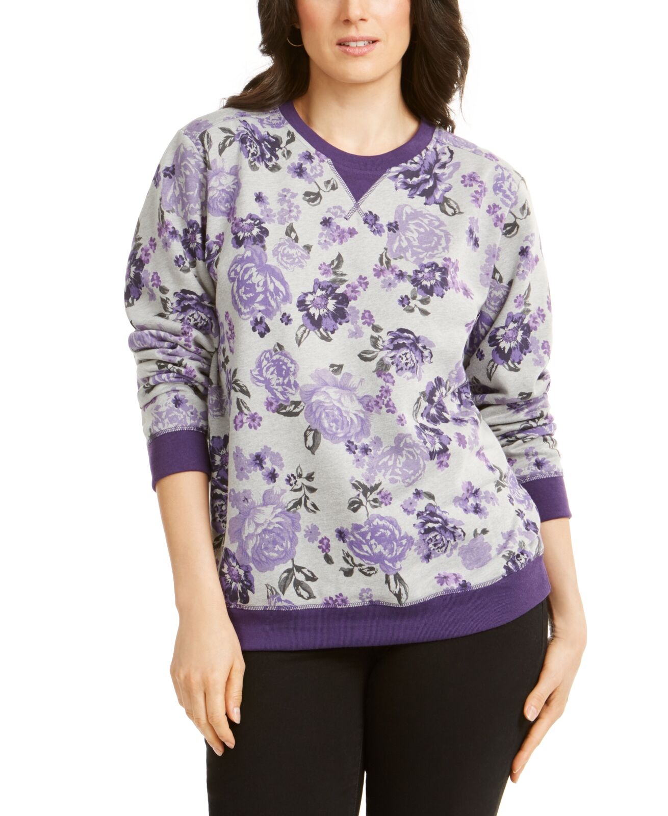 Moletom feminino Karen Scott com estampa floral e fleece, tamanho grande, Cassis
