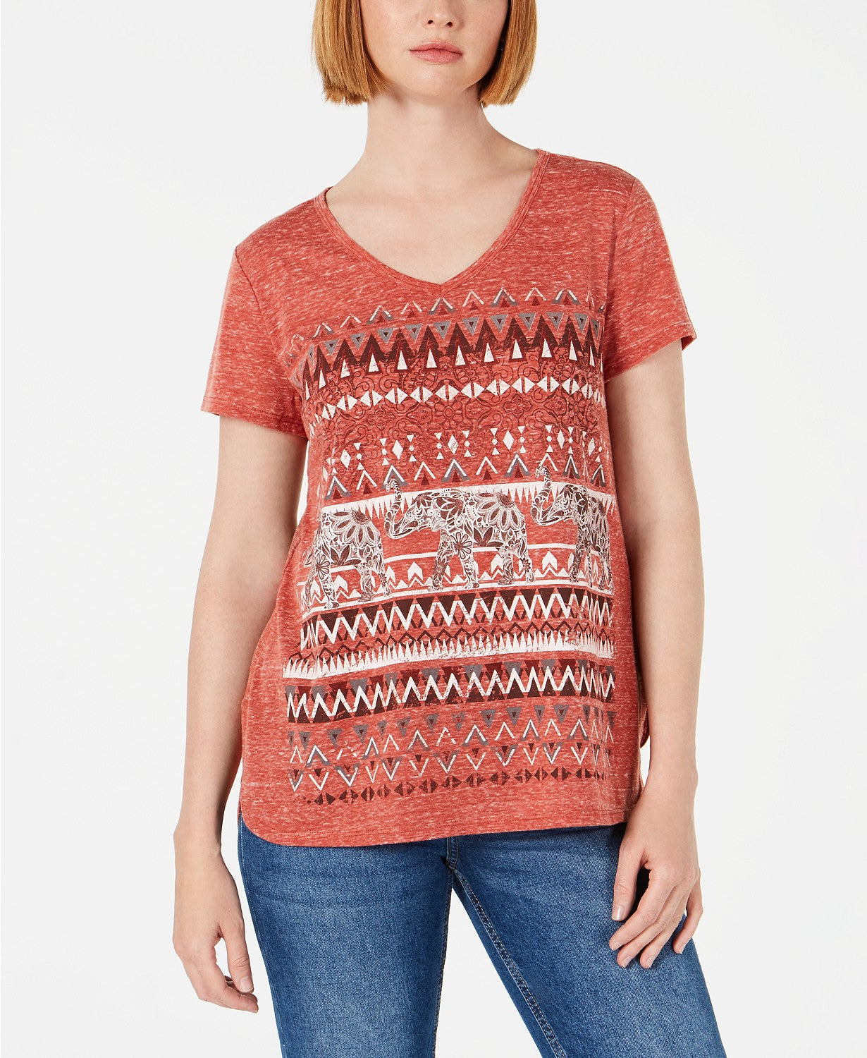 Blusa feminina com decote em V e estampa gráfica estilo &amp; co, laranja, tamanho extra grande