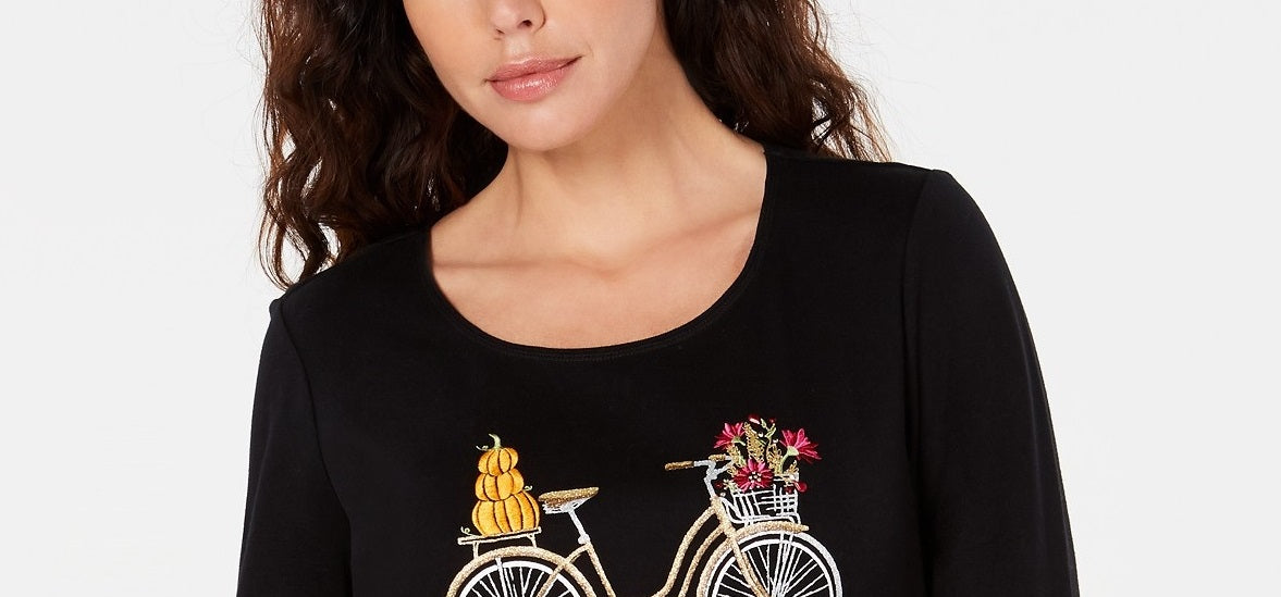 Karen Scott Blusa de Bicicleta Bordada Feminina Preto Escuro Tamanho P