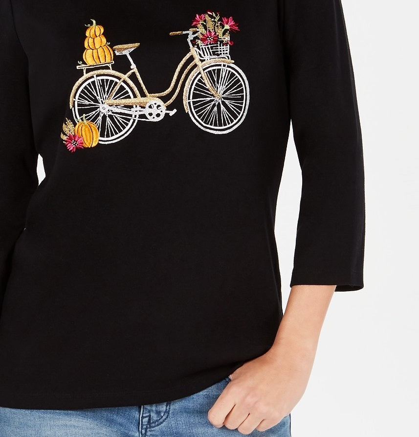 Karen Scott Blusa de Bicicleta Bordada Feminina Preto Escuro Tamanho P