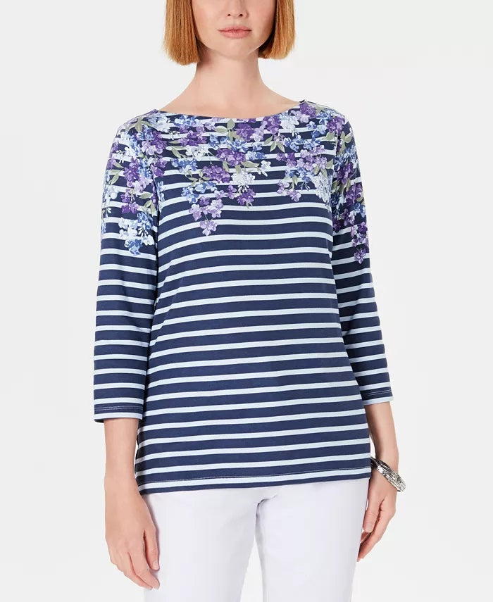 Blusa estampada Karen Scott feminina, manga três quartos, azul, tamanho pequeno