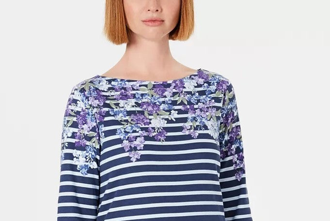 Blusa estampada Karen Scott feminina, manga três quartos, azul, tamanho pequeno