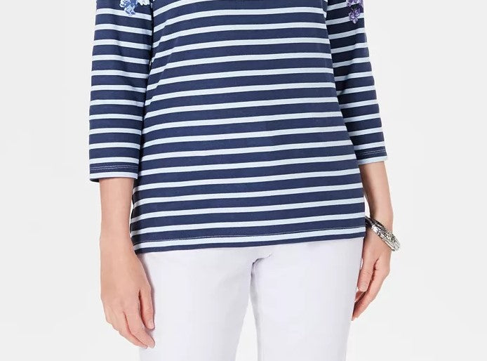 Blusa estampada Karen Scott feminina, manga três quartos, azul, tamanho pequeno