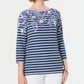 Karen Scott Blusa Feminina Listrada Floral Petite com Decote Canoa Azul Tamanho Médio