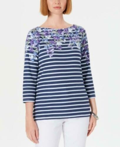 Karen Scott Blusa Feminina Listrada Floral Petite com Decote Canoa Azul Tamanho Médio
