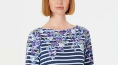 Karen Scott Blusa Feminina Listrada Floral Petite com Decote Canoa Azul Tamanho Médio