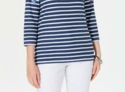 Karen Scott Blusa Feminina Listrada Floral Petite com Decote Canoa Azul Tamanho Médio