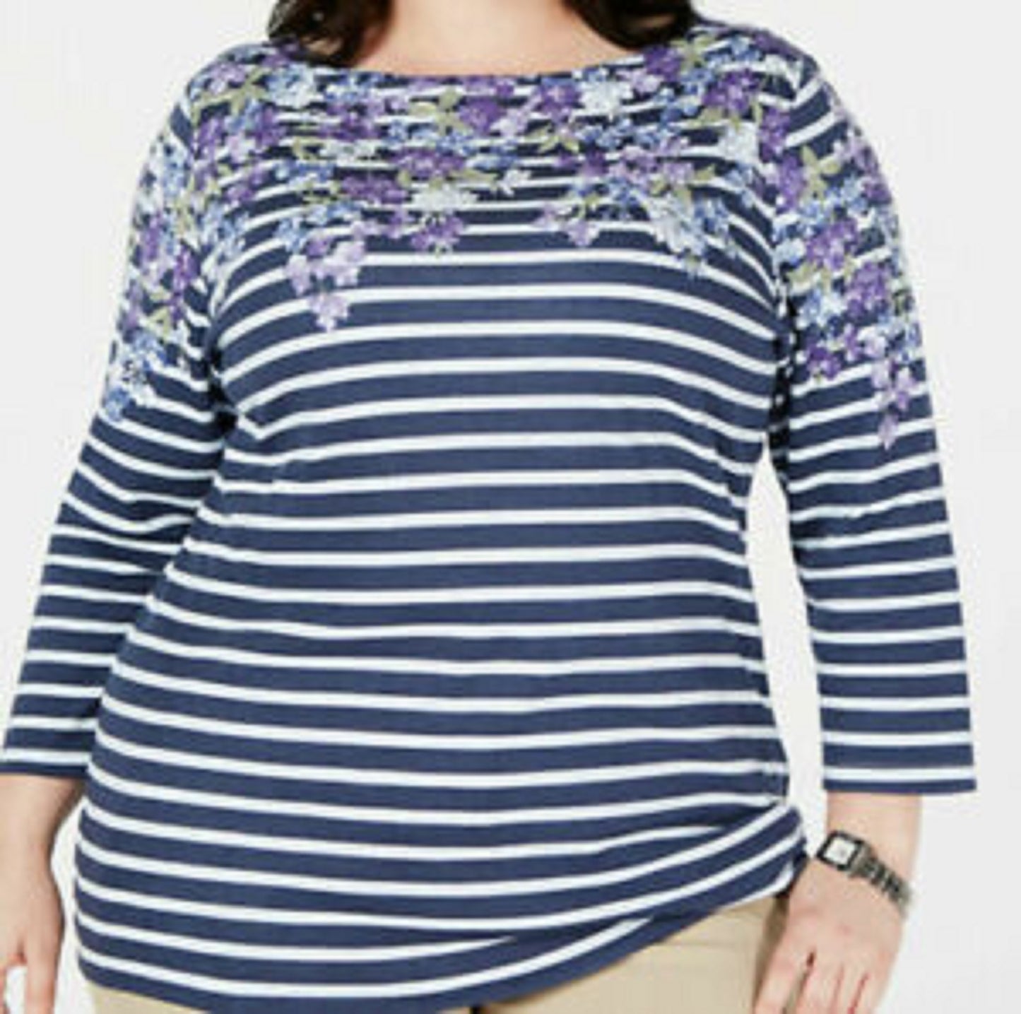 Karen Scott Blusa Feminina Petite Floral Listrada Gola Canoa Azul Tamanho Petit