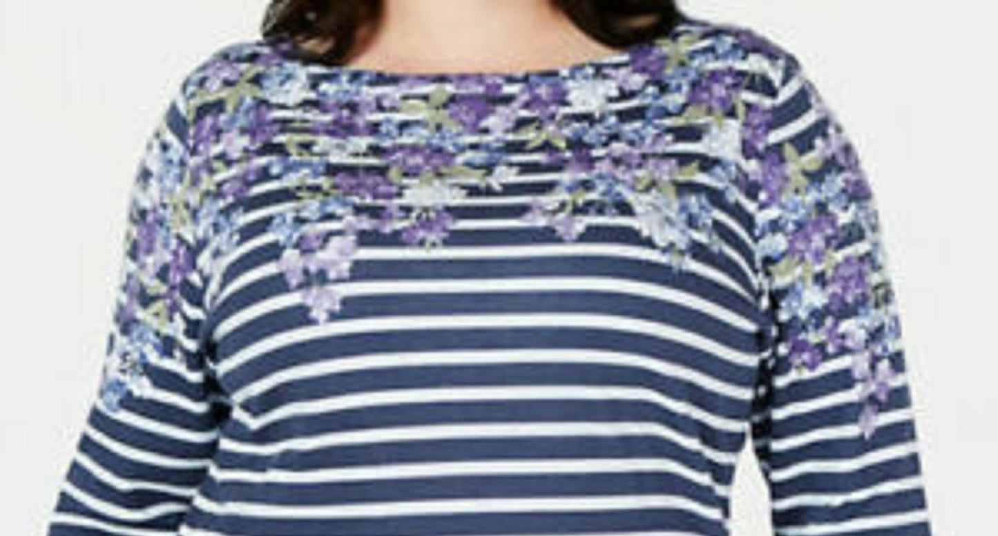 Karen Scott Blusa Feminina Petite Floral Listrada Gola Canoa Azul Tamanho Petit