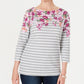Karen Scott Blusa Feminina Listrada Floral Petite com Decote Canoa Cinza Tamanho Extra Grande