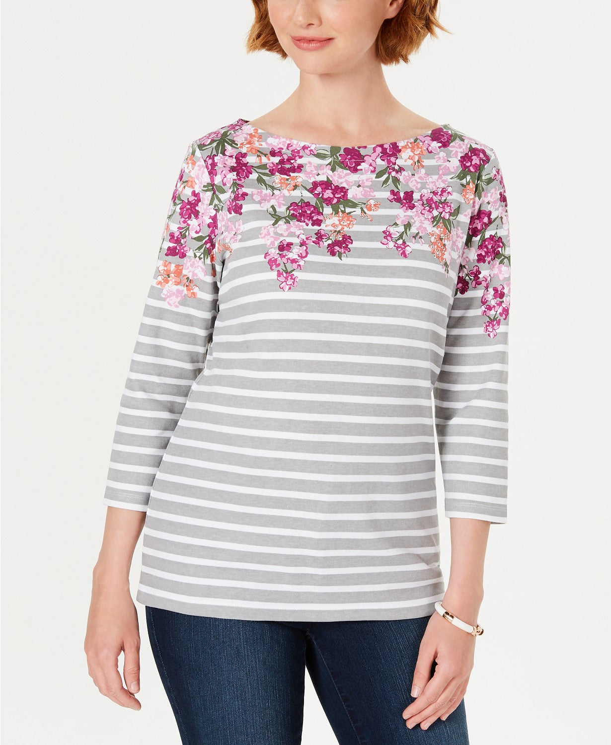 Karen Scott Blusa Feminina Listrada Floral Petite com Decote Canoa Cinza Tamanho Extra Grande
