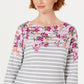 Karen Scott Blusa Feminina Listrada Floral Petite com Decote Canoa Cinza Tamanho Extra Grande