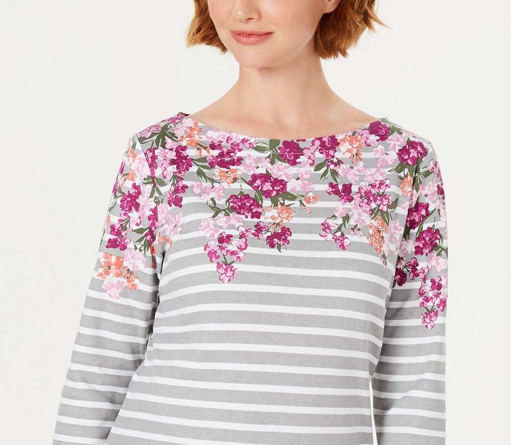 Karen Scott Blusa Feminina Listrada Floral Petite com Decote Canoa Cinza Tamanho Extra Grande