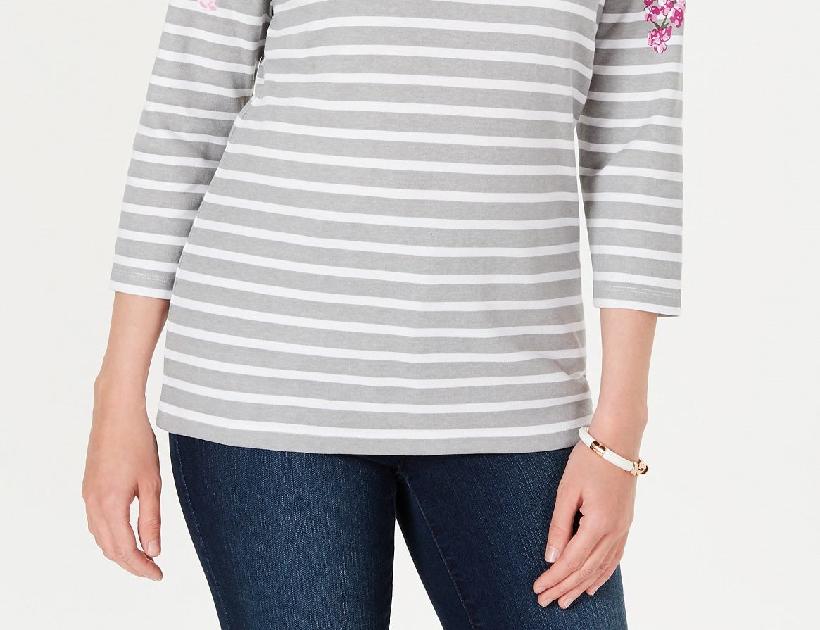 Karen Scott Blusa Feminina Listrada Floral Petite com Decote Canoa Cinza Tamanho Extra Grande