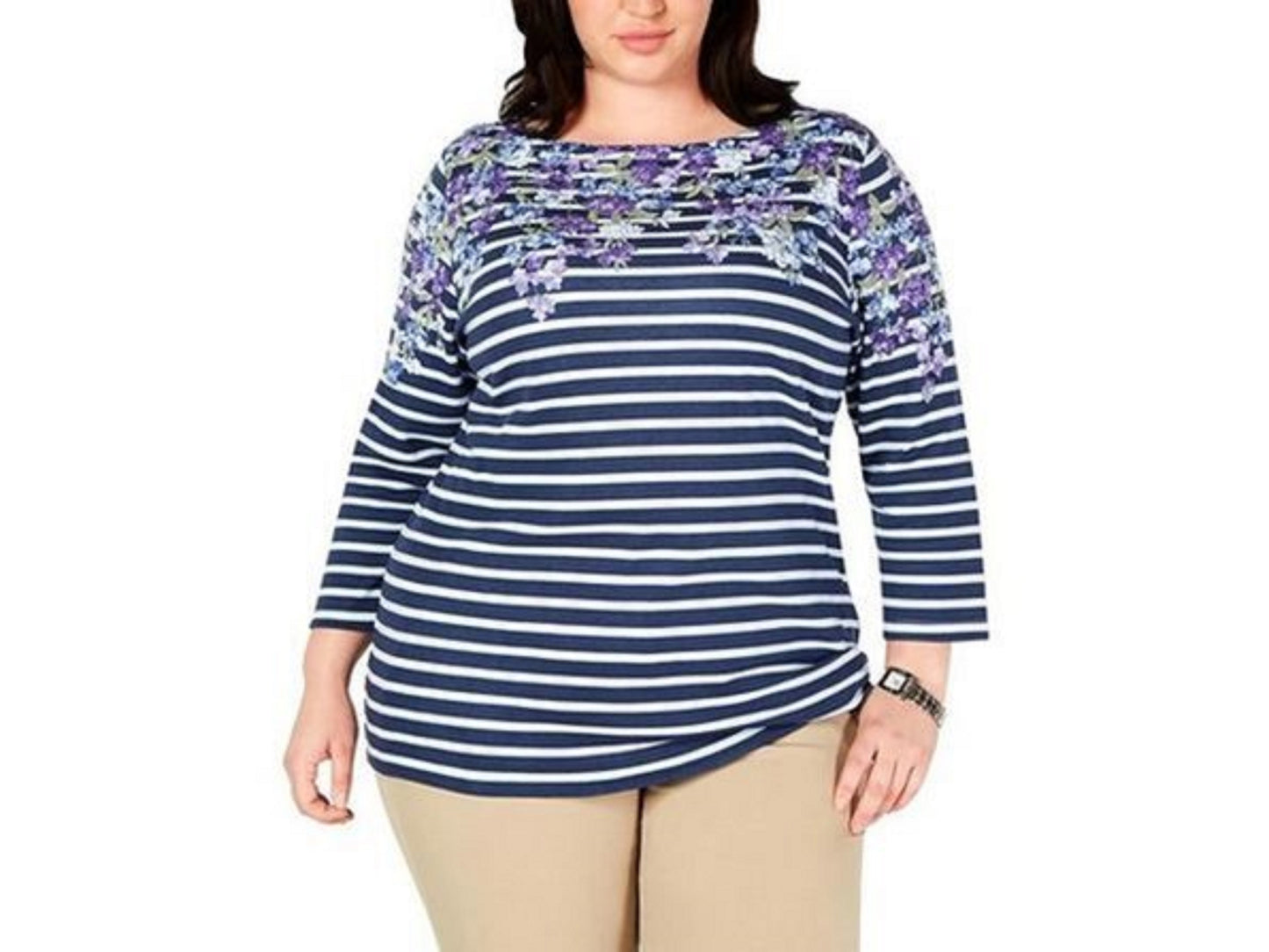 Karen Scott Blusa Plus Size Feminina Estampa Mista Manga 3/4 Azul Tamanho 0X