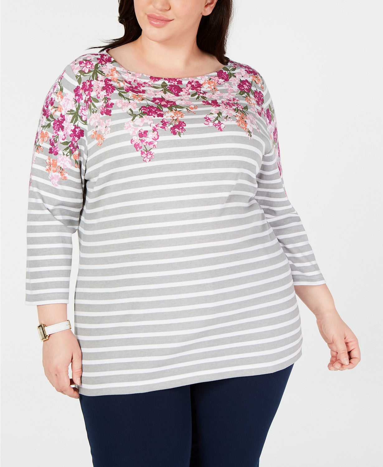 Karen Scott Blusa feminina plus size com estampa mista e manga 3/4, vermelha, tamanho 1X