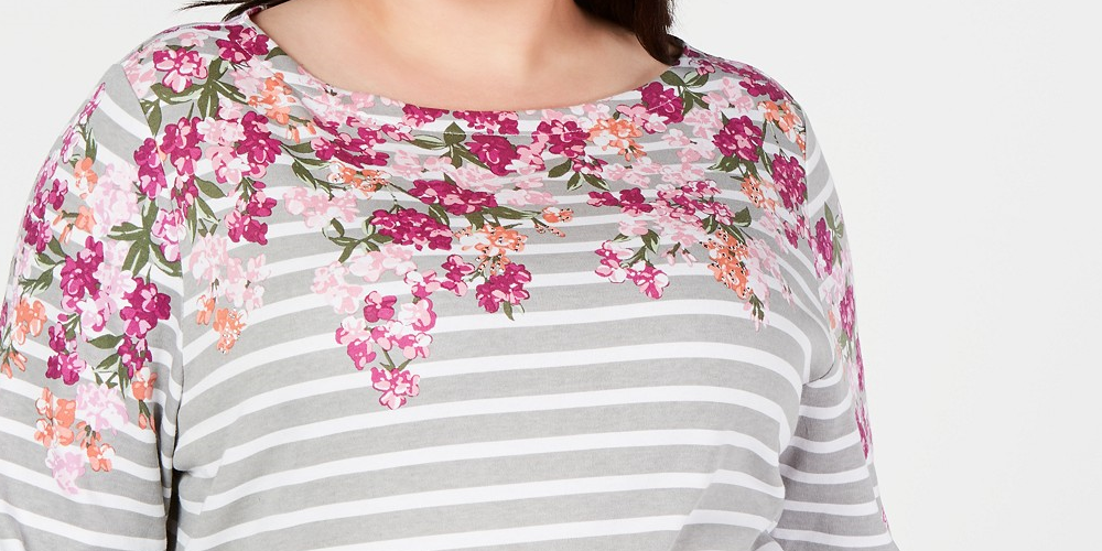 Karen Scott Blusa feminina plus size com estampa mista e manga 3/4, vermelha, tamanho 1X