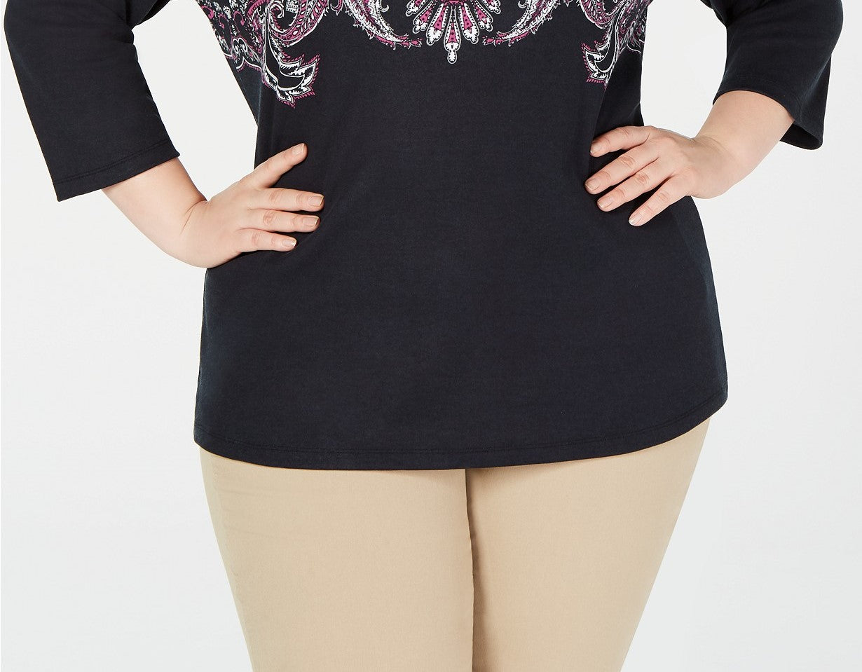 Karen Scott Blusa feminina plus size estampada manga 3/4 preta tamanho 2X