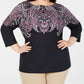 Blusa feminina plus size estampada com manga 3/4, preta, tamanho 0X