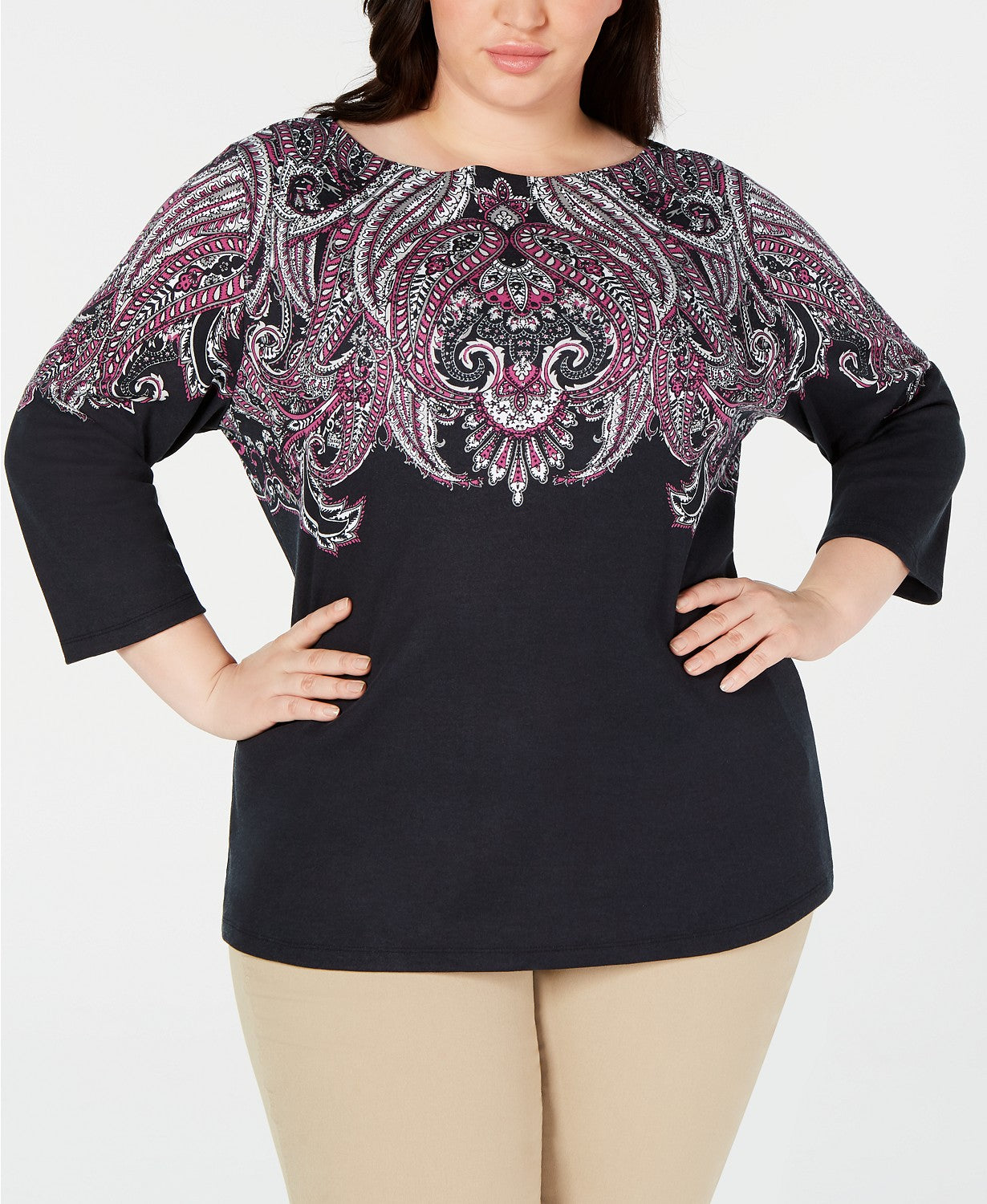 Blusa feminina plus size estampada com manga 3/4, preta, tamanho 0X