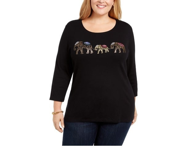 Blusa feminina Karen Scott de algodão com estampa de elefante, preta, tamanho 0X