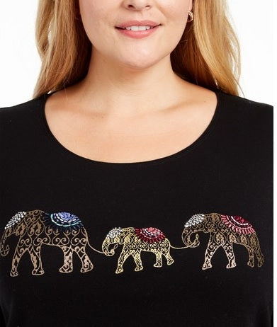 Blusa feminina Karen Scott de algodão com estampa de elefante, preta, tamanho 0X