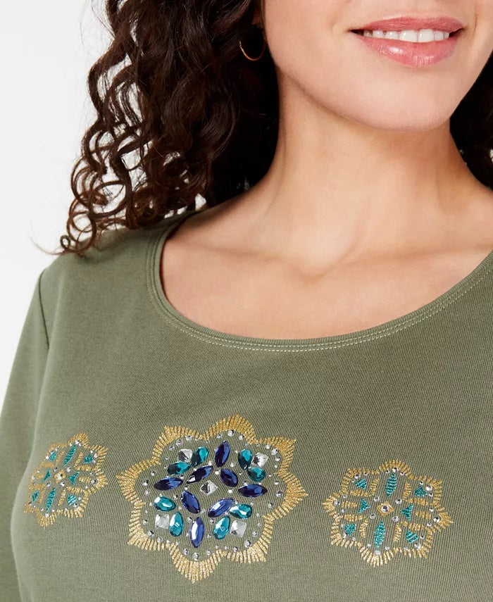 Blusa feminina Karen Scott de algodão com glitter e estampa floral, verde, tamanho médio