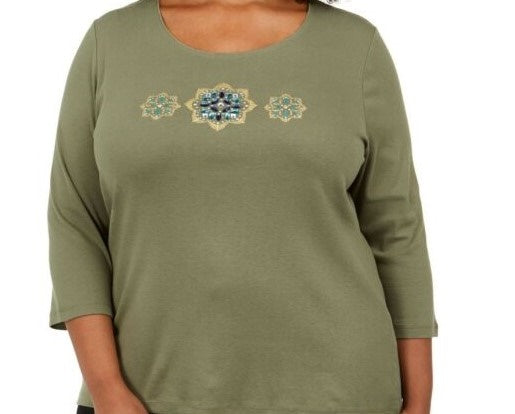 Blusa feminina Karen Scott de algodão com glitter e estampa floral, verde, tamanho médio