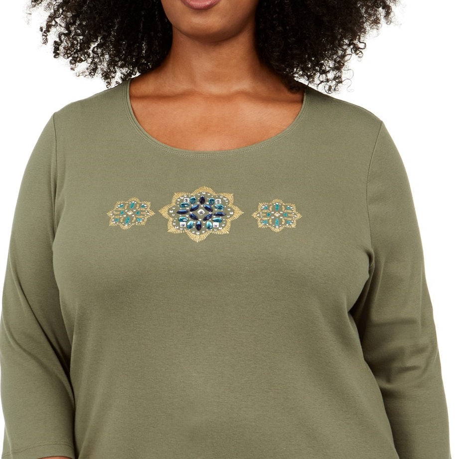 Karen Scott Blusa Feminina Plus Size de Algodão com Lantejoulas e Estampa Verde Tamanho Extra Grande