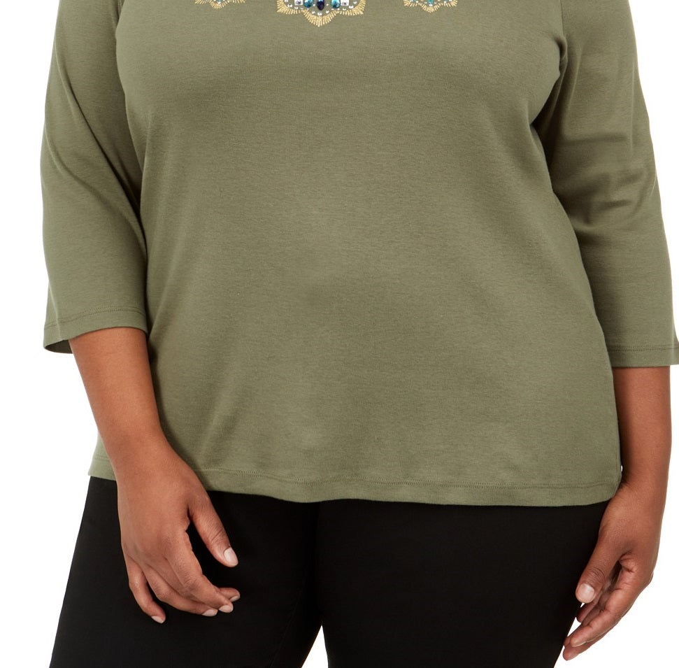 Karen Scott Blusa Feminina Plus Size de Algodão com Lantejoulas e Estampa Verde Tamanho Extra Grande