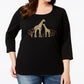 Camiseta feminina Karen Scott de algodão com estampa de girafa, preta, tamanho extra grande
